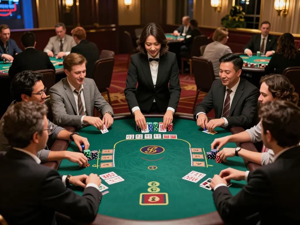 ku88 players strategizing at a blackjack table in an upscale casino environment