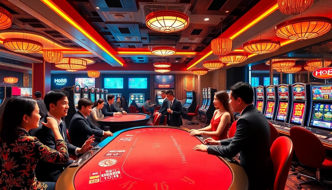 Exciting live casino scene at Ho88 with players engaging in baccarat and vibrant slot machines.