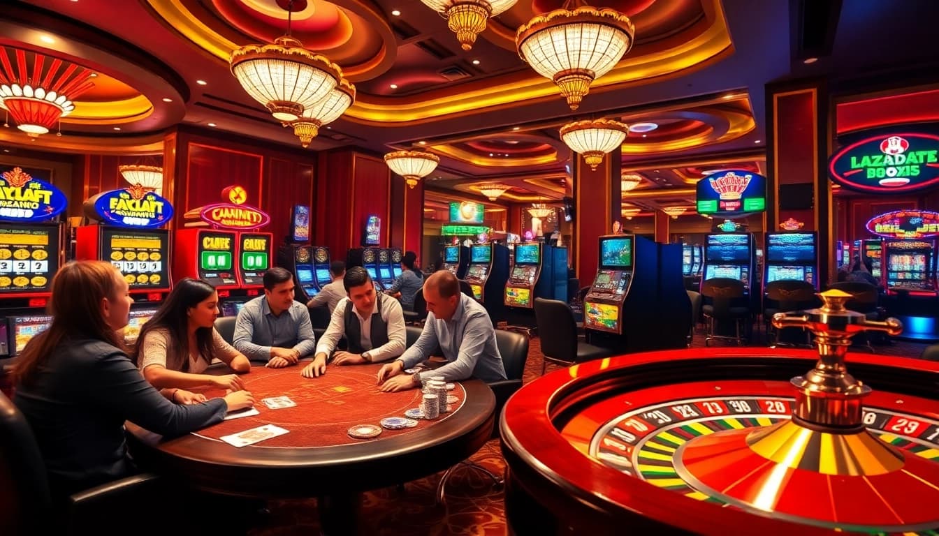 Lazadatoto casino scene showcasing vibrant slot machines, a lively poker table, and a roulette wheel in action.