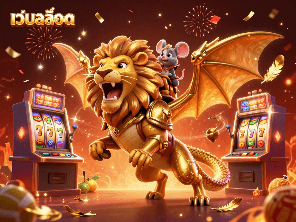 Spin the เว็บสล็อต reels with a triumphant chimera and mouse jockey in this dynamic casino illustration.
