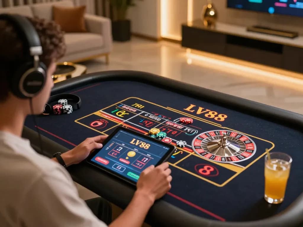 Player enjoying LV88 live dealer roulette on a tablet in a stylish home setting