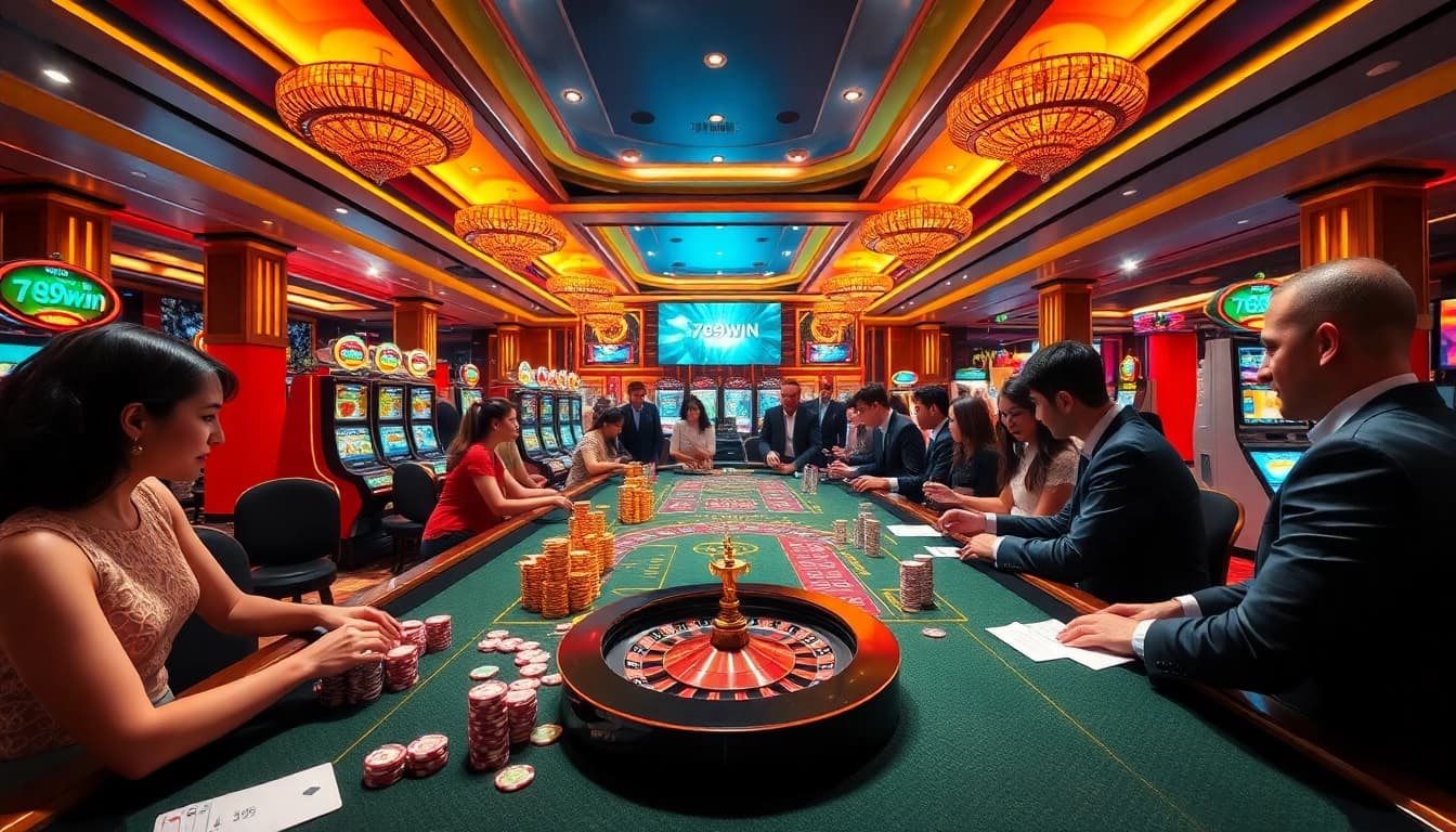 Exciting 789win online gambling scene with vibrant casino tables and live dealers.