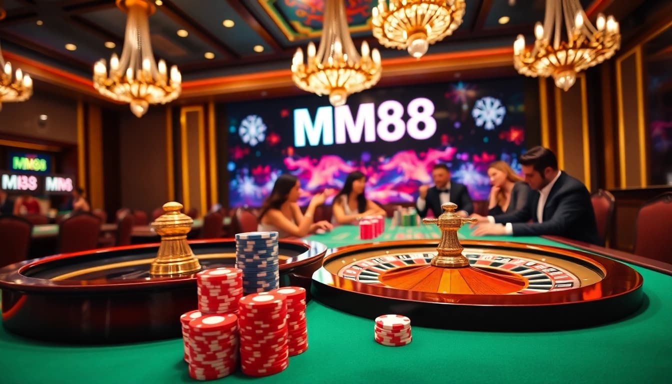 Players engaging in an exciting roulette game at MM88 Casino, surrounded by vibrant poker chips.