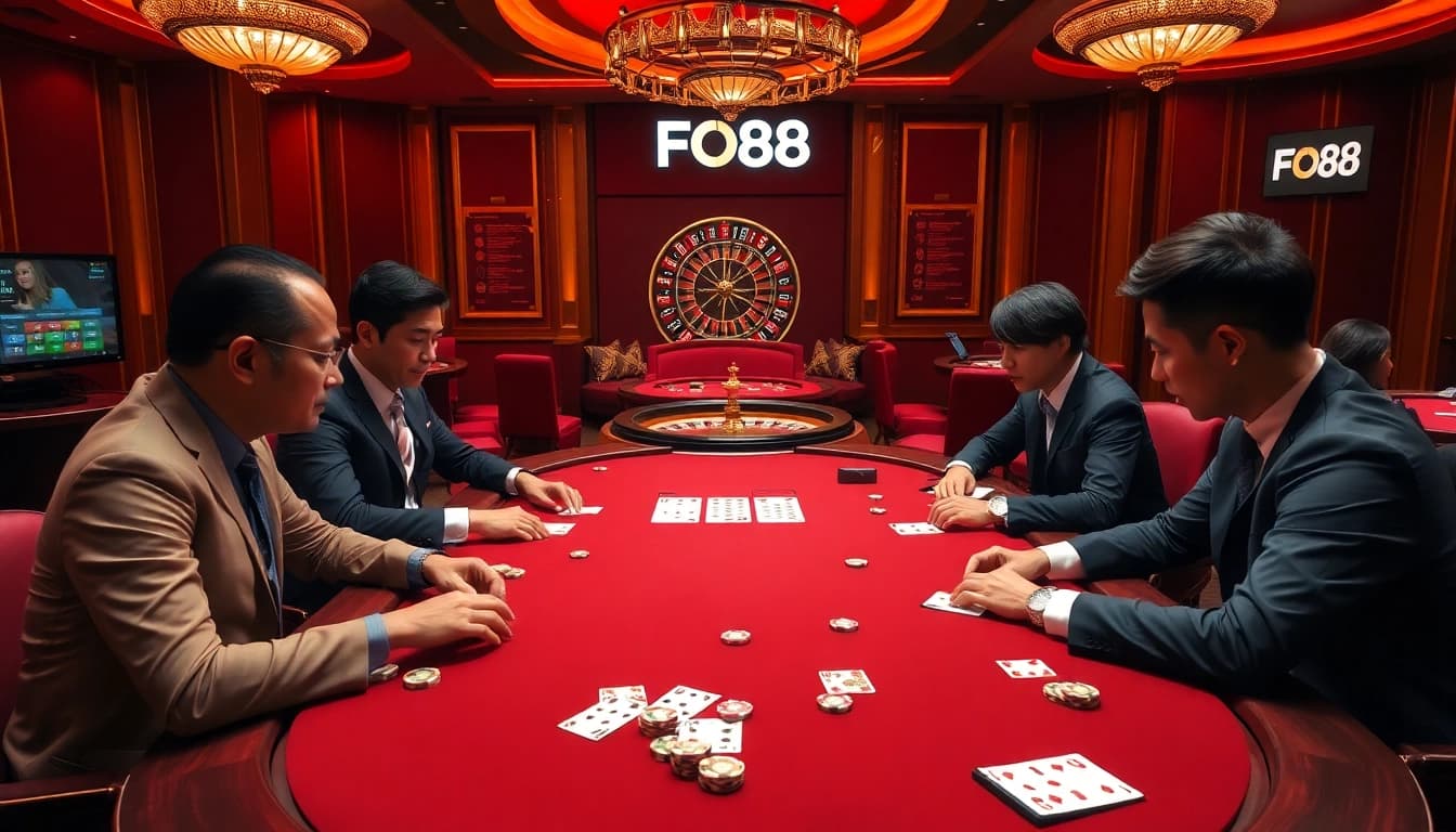 Players engaged in a high-stakes poker game at FO88 casino, showcasing excitement and luxury.