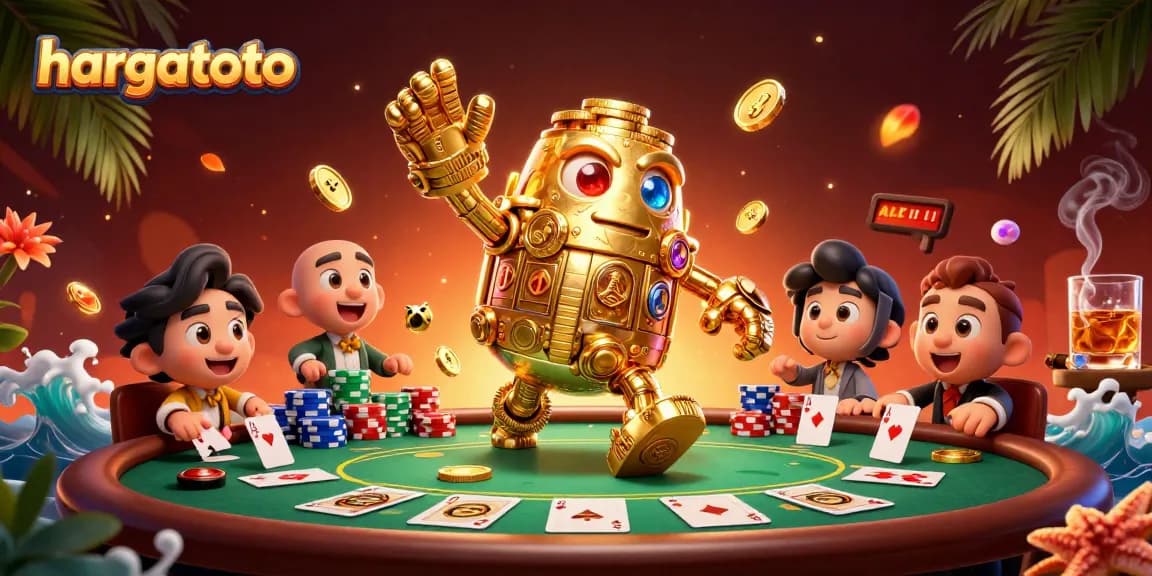 Engage with hargatoto's vibrant casino scene as a golden golem navigates through poker elements.