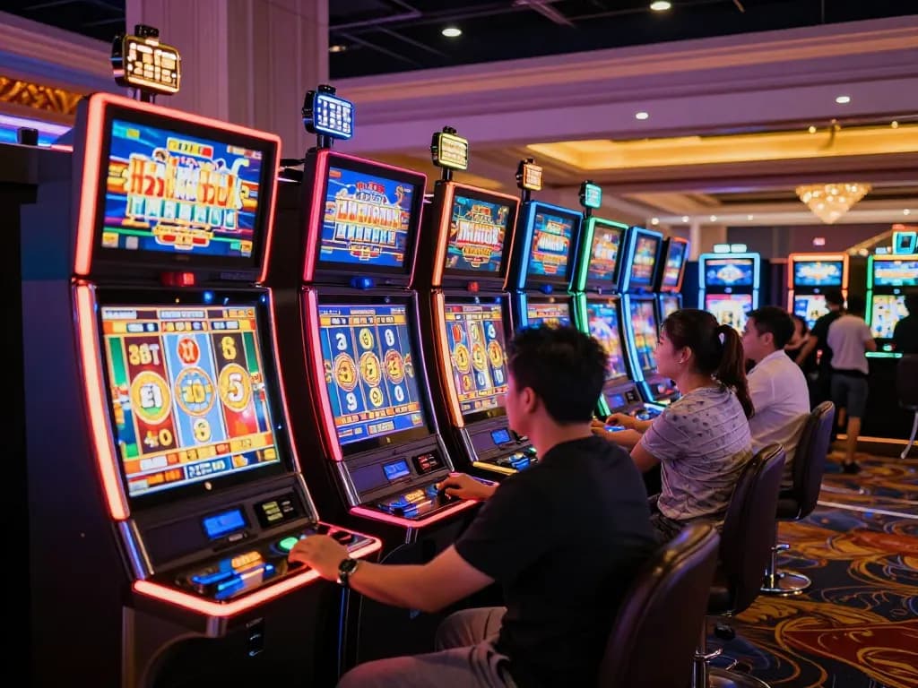 Players engaging in thrilling slot online gameplay amidst colorful machines and vibrant lighting.