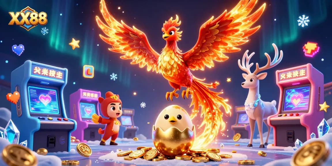 Experience the excitement of XX88 with a vibrant 3D casino illustration showcasing a fire phoenix and more.
