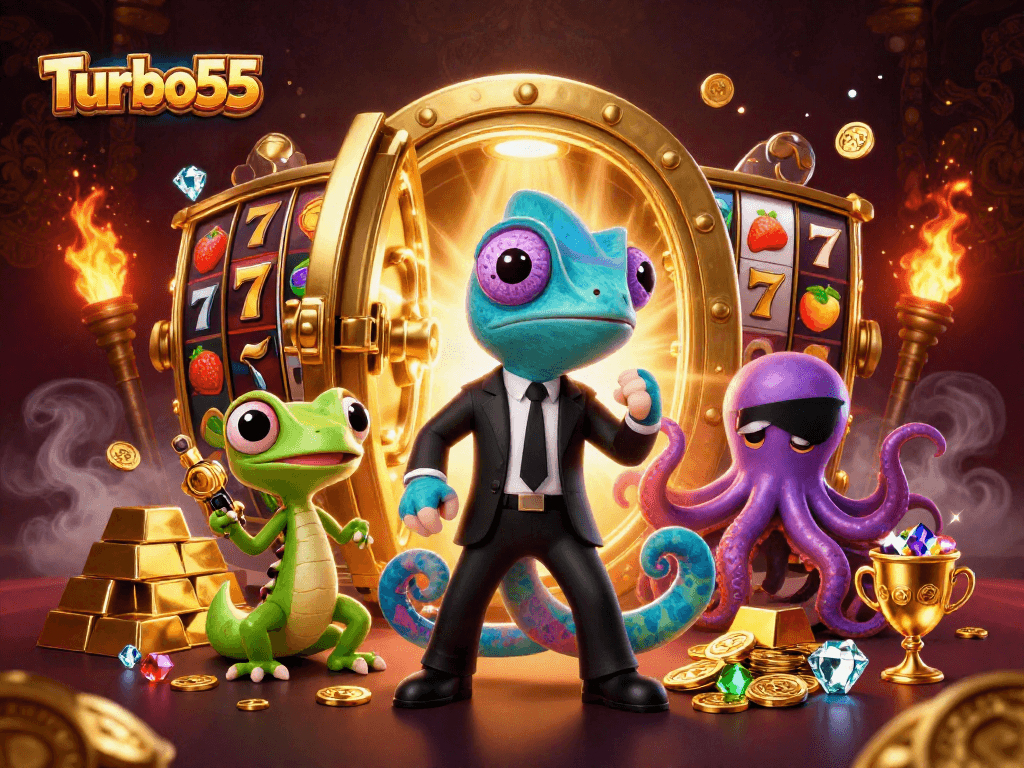 Turbo55 slot adventure with colorful characters, jackpot excitement, and treasure elements.