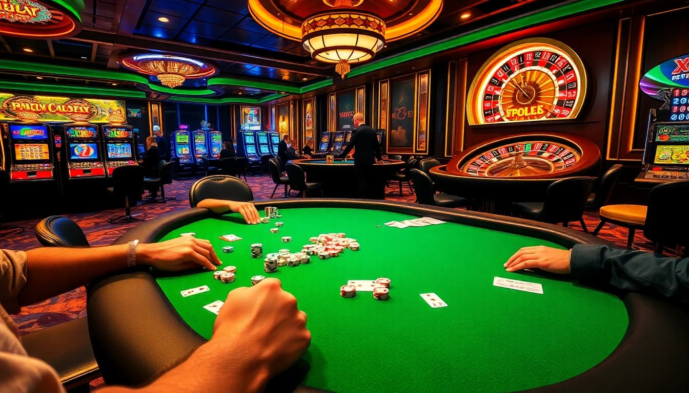 Exciting gaming scene at XX88 with players enjoying poker games and vibrant slot machines.