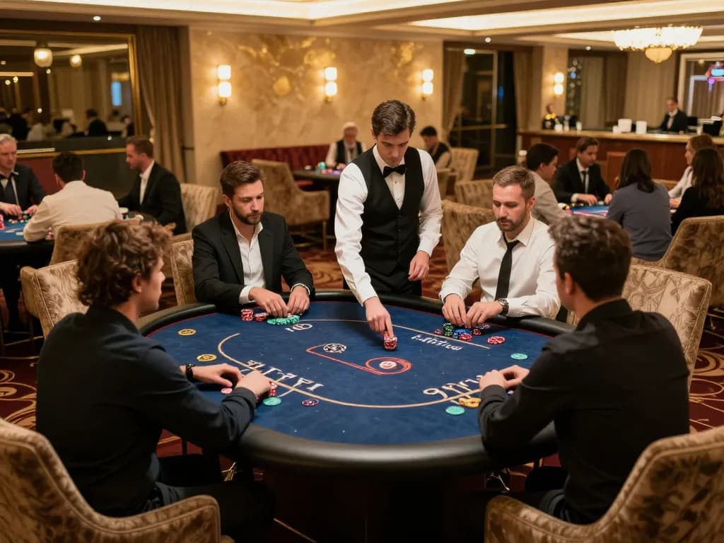 Players engage in high-stakes poker at 32win's exclusive VIP gaming area, showcasing a luxurious casino experience
