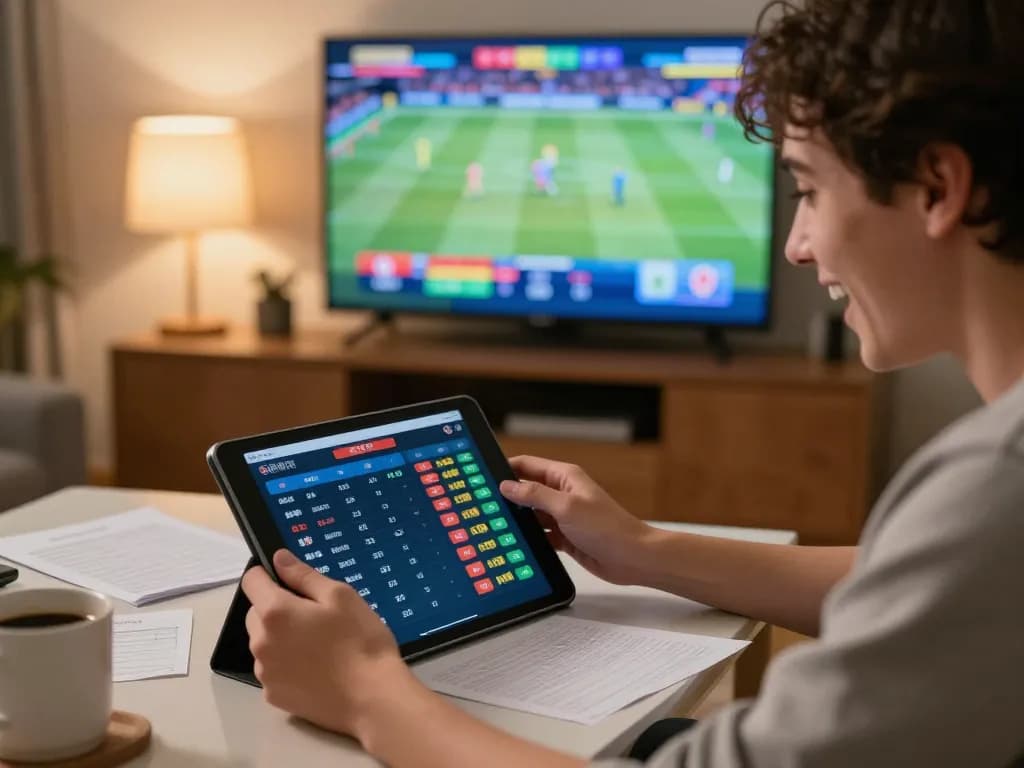 tx88 user enthusiastically placing sports bets on a tablet while watching live events at home