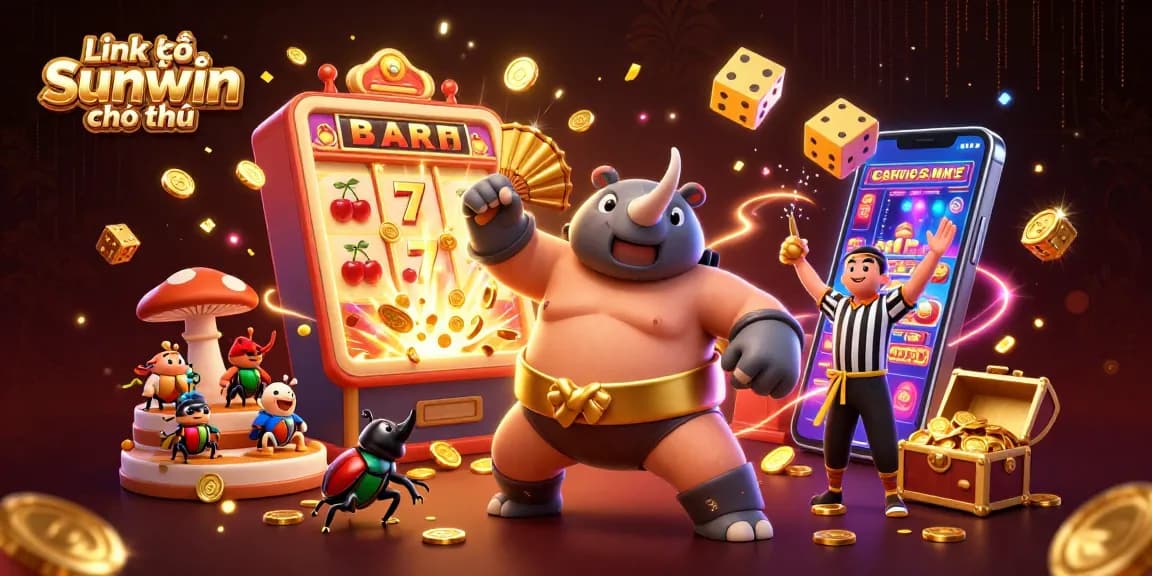 Link vào Sunwin chính thức showcases an energetic scene of a rhinoceros beetle champion and vibrant casino elements.