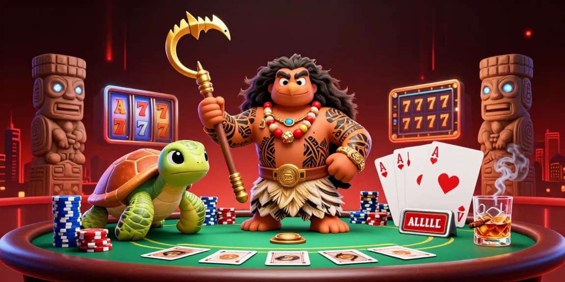 mmoo players gamble at a vibrant poker table with colorful chips and glowing tiki statues.