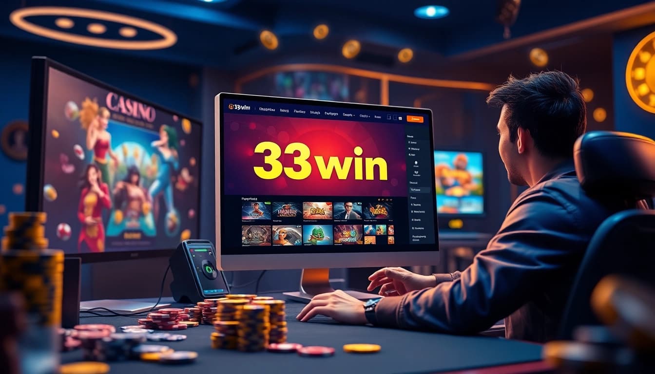33win platform showcasing a modern gaming setup with vibrant casino graphics and an inviting atmosphere.