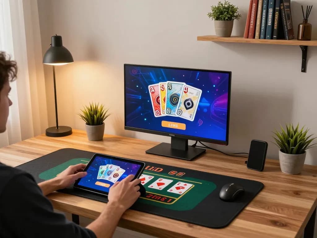 Menggunakan aplikasi kasino v87 di tablet modern dalam pengaturan permainan di rumah yang canggih.