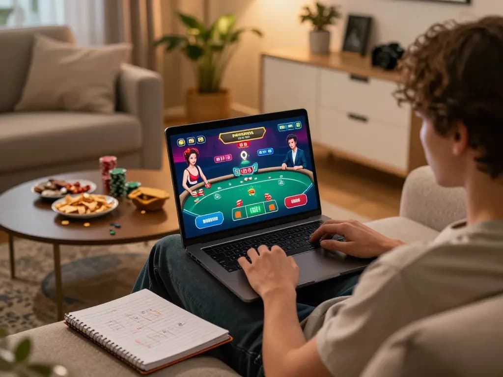 Engaging in poker gameplay on btopcshop, showcasing strategy notes and a cozy home setup.
