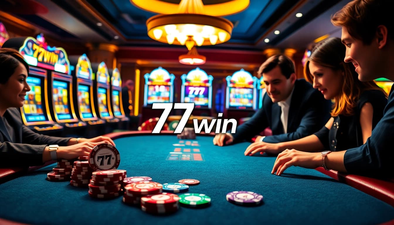Players enjoying an engaging game at 77win casino with colorful poker chips and slot machines.