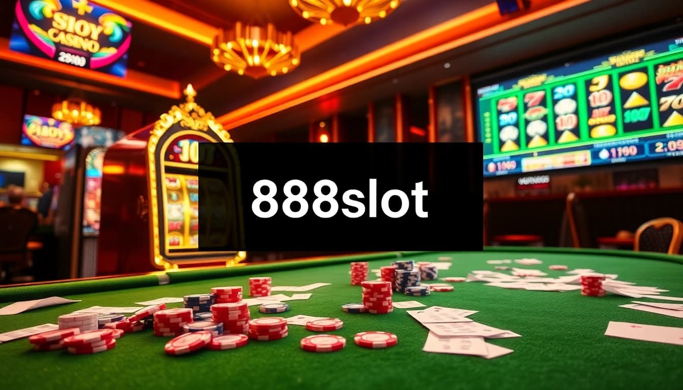Suasana kasino yang menarik dengan mesin 888slot yang cerah menarik pemain di meja.