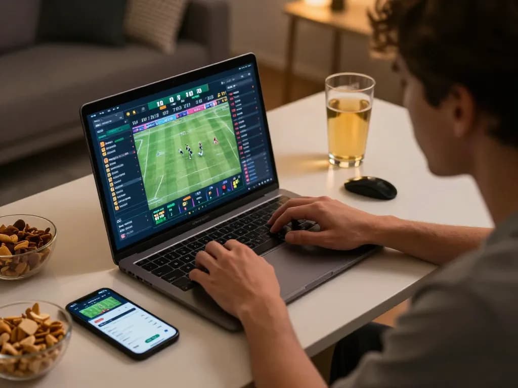 Engaging in sports betting on fabet, focused player analyzing live odds from a laptop during game night.
