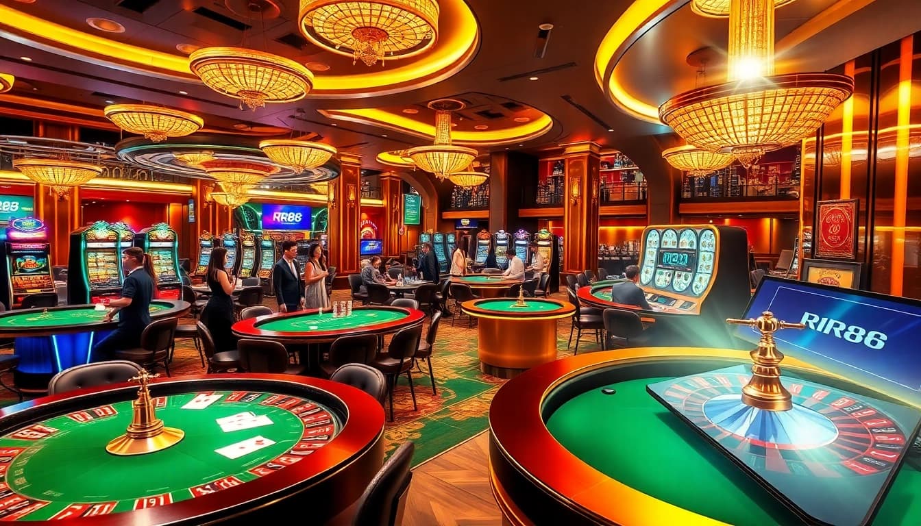 Players winning big at RR88 casino with vibrant tables and slot machines flashing in excitement.