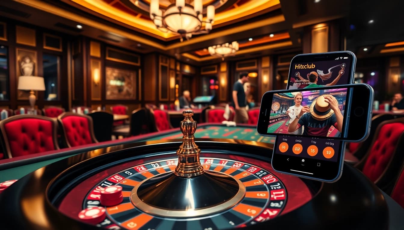 Experience thrilling gambling at Hitclub uy tín with an elegant casino scene featuring a spinning roulette wheel.
