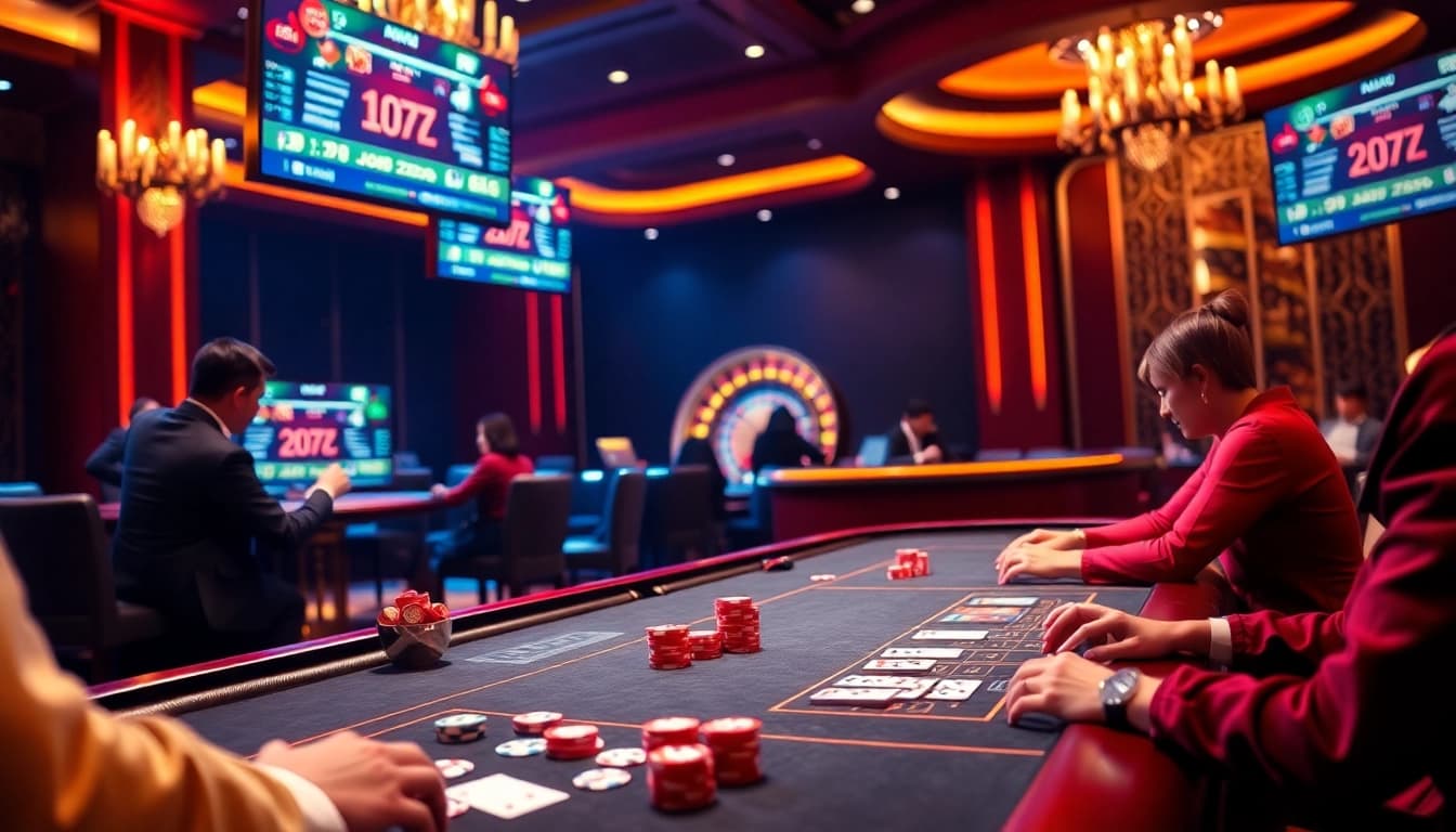 Action-packed poker game showcasing the luxury of https://98win3h.io/ with vibrant casino elements.