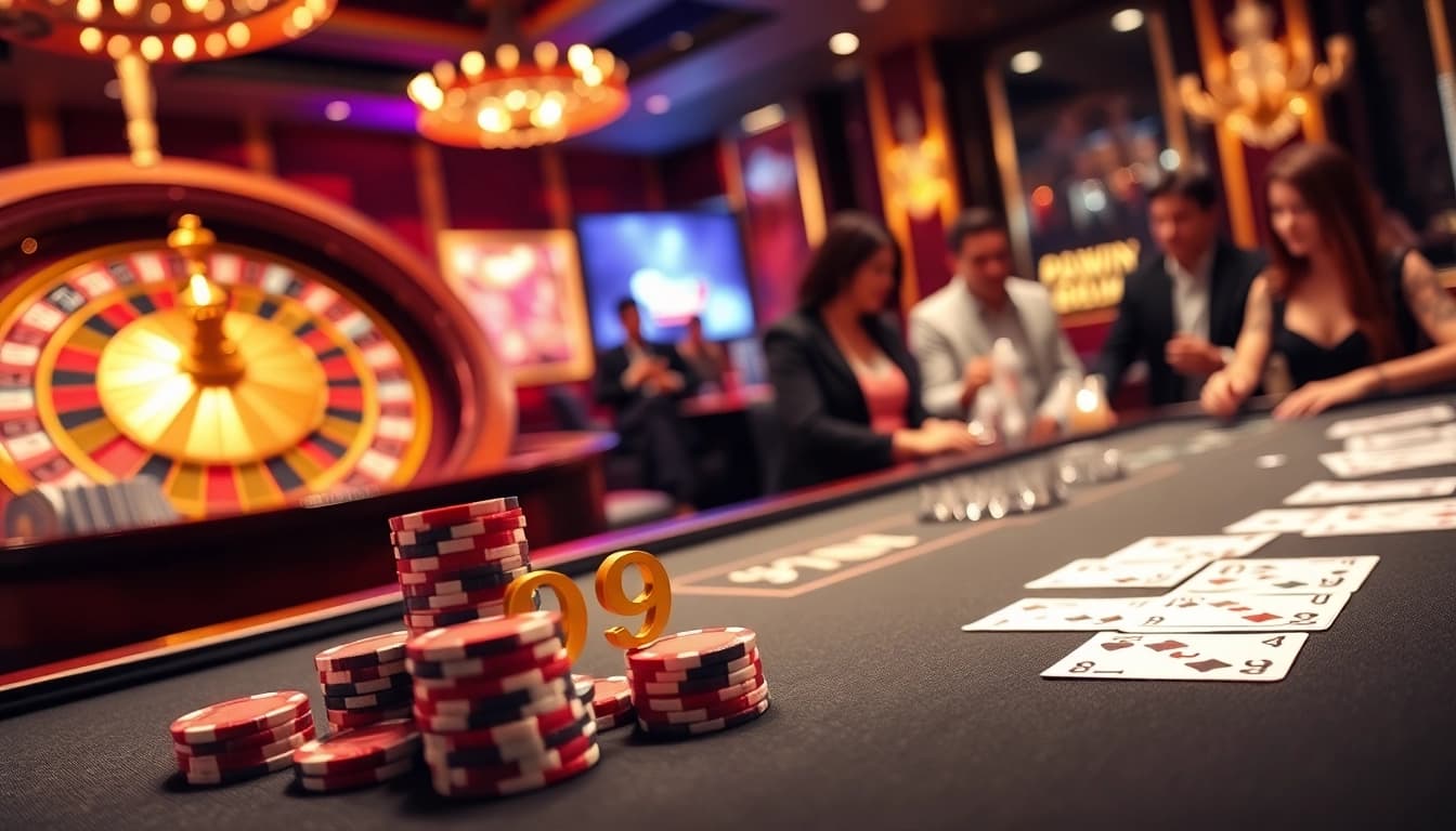 Experience the luxury of 99WIN casino with players enjoying poker and roulette in a vibrant setting.