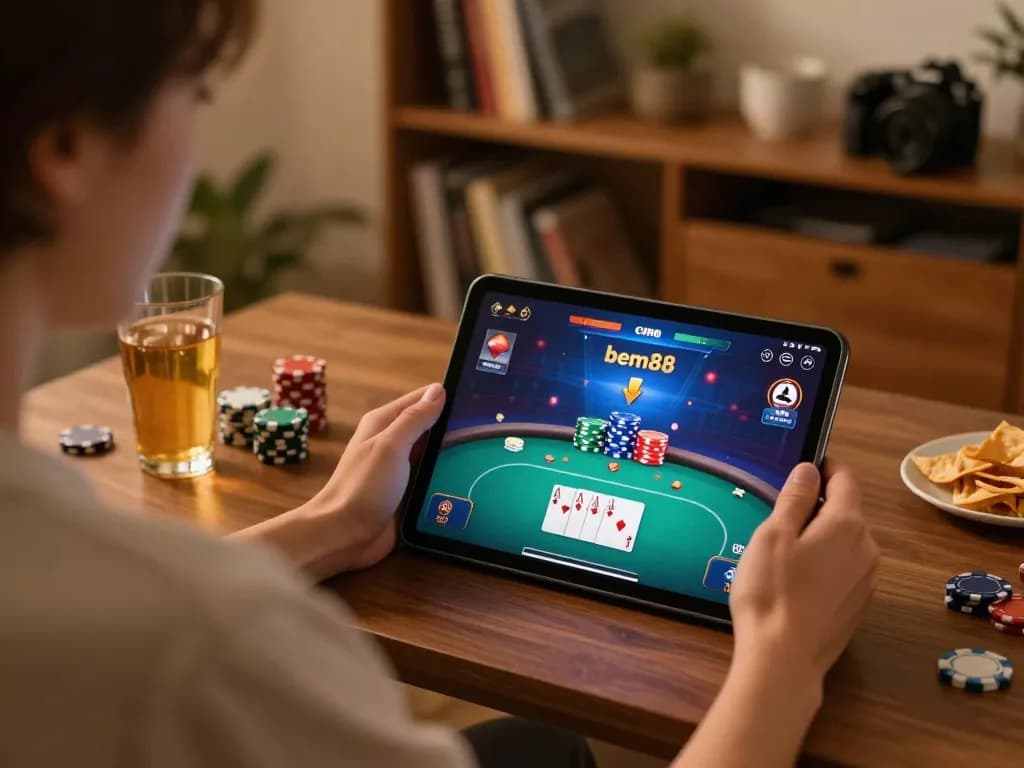 Engaging in online poker with bem88 while enjoying a cozy home atmosphere.