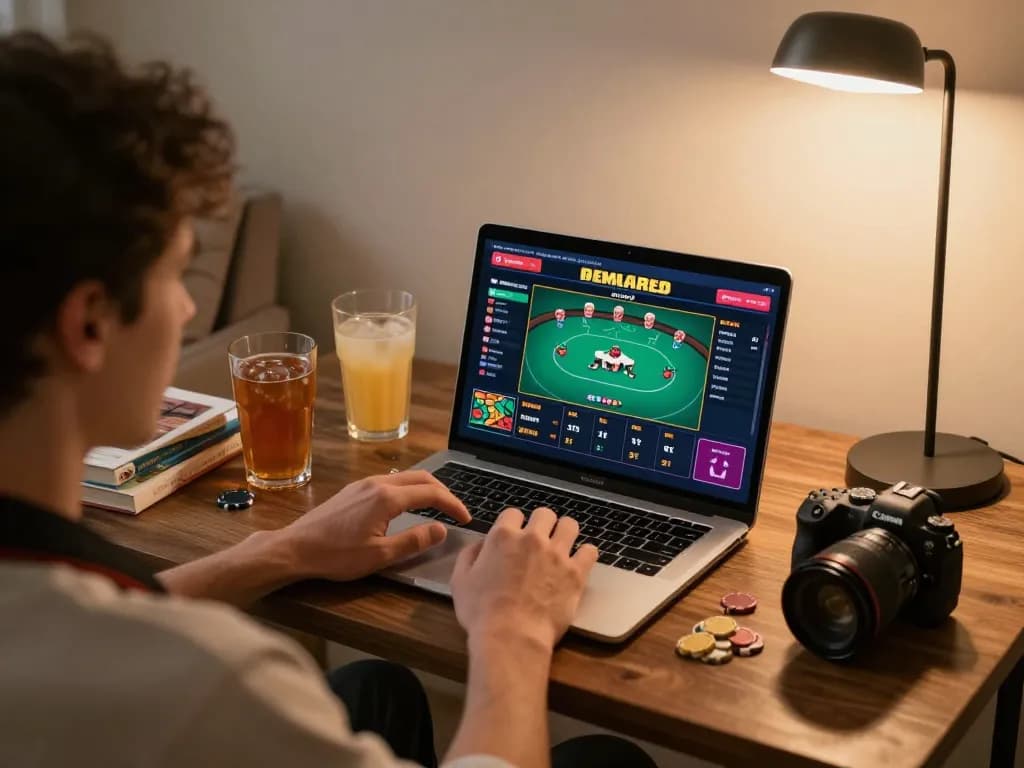 Tg888 engaging poker gameplay displayed on a laptop in a cozy home setting.