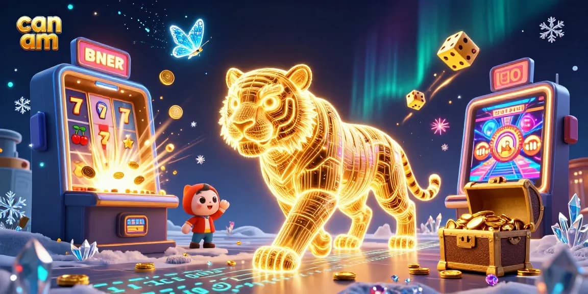 Experience can am excitement with a neon tiger amidst a vibrant casino landscape filled with jackpots.