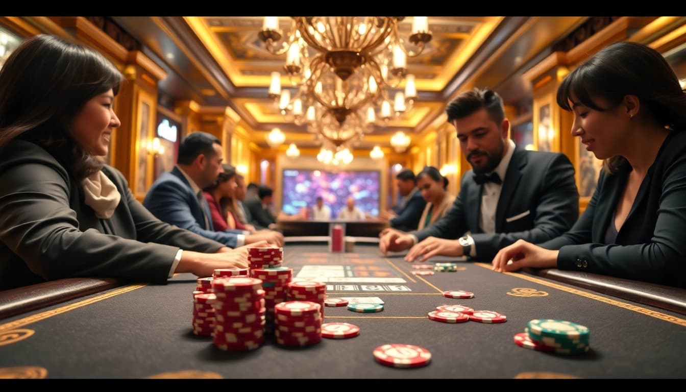 優塔賭場的桌上遊戲，展示多彩籌碼和撲克牌，氛圍熱烈。