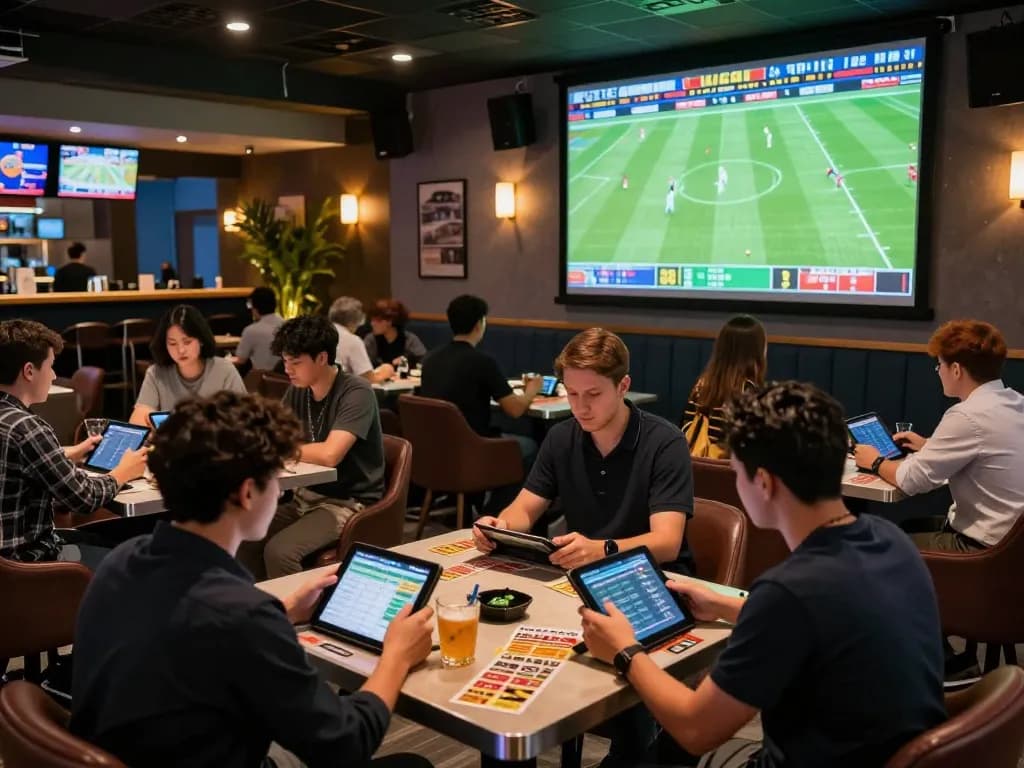 Engaged bettors analyzing odds and making decisions on kèo nhà cái during a live sports event.