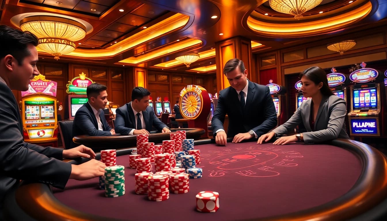 Players enjoying an intense game of poker at LC88, showcasing vibrant casino atmosphere.