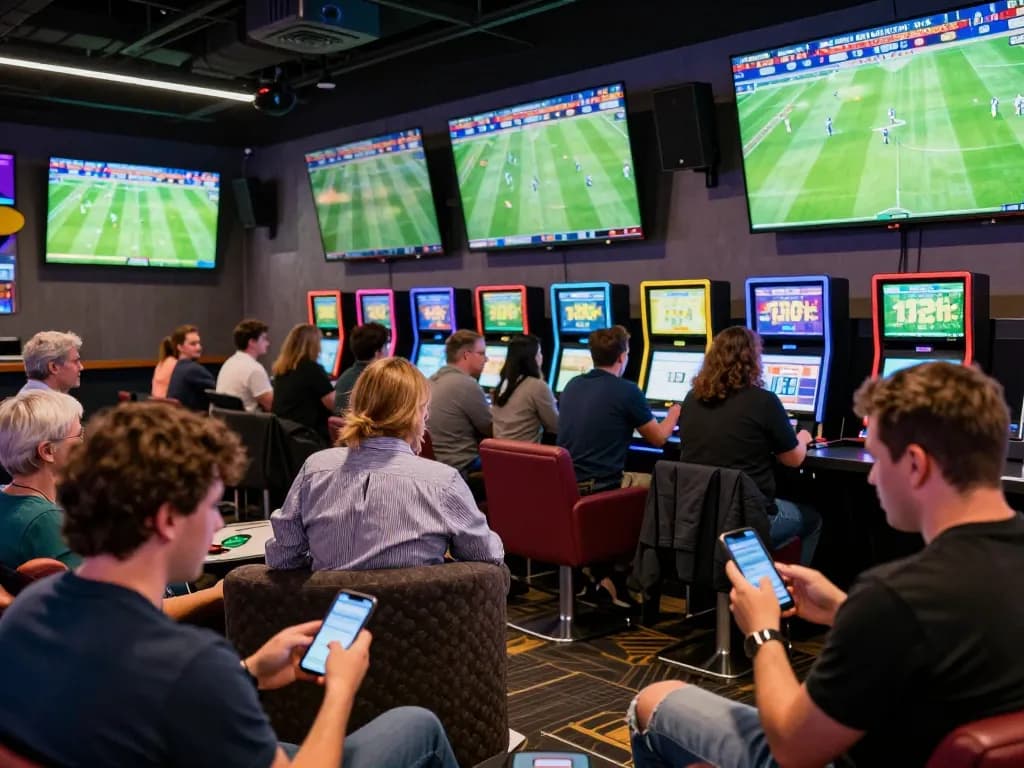 Soi keo with sports fans actively placing bets in a vibrant sports betting lounge.