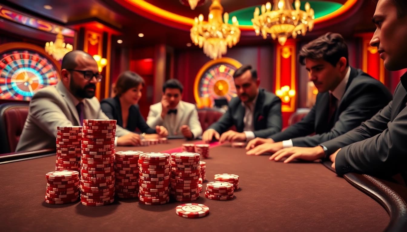 Okking casino players skillfully managing chips at a dazzling poker table.