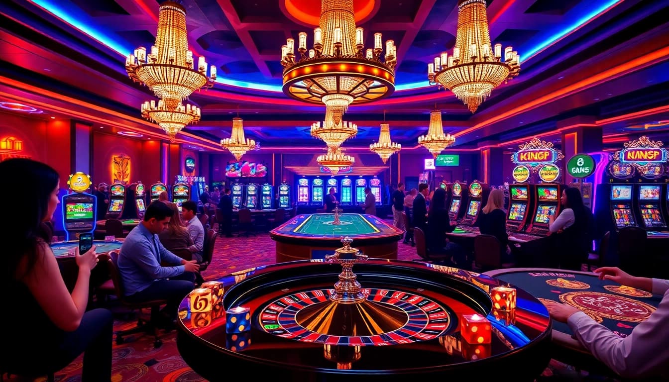 Kingfun's vibrant casino scene featuring exciting gaming action at roulette and slot machines.