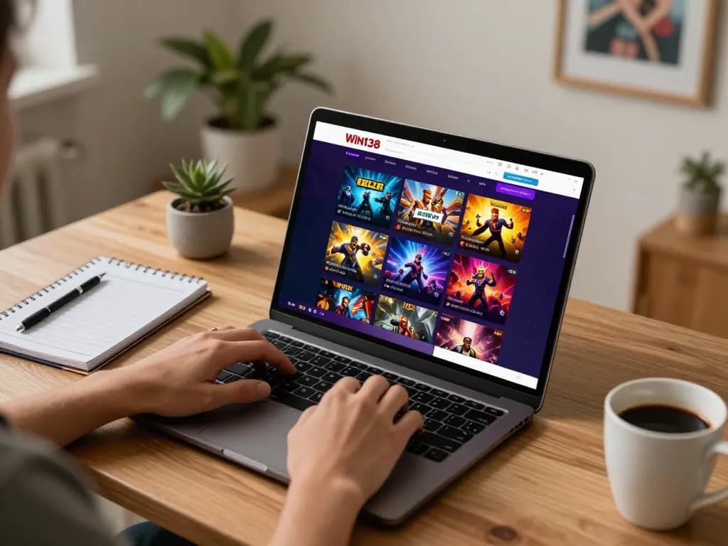 Enjoying a gaming session on the Win138 platform with vibrant online casino interface and cozy setup