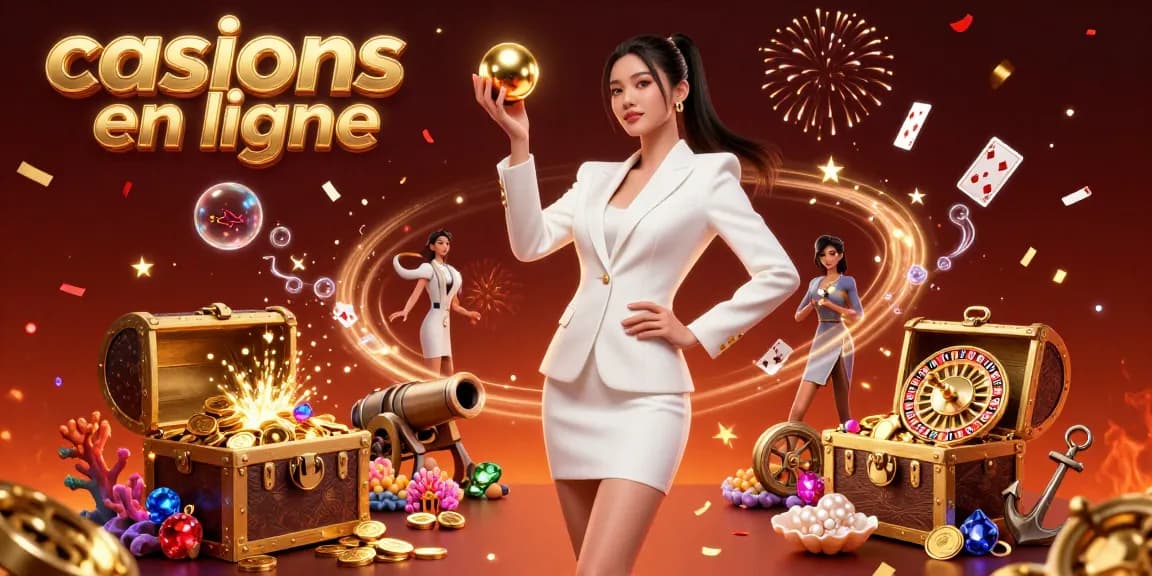 Engage in exciting casinos en ligne with gold coins raining and a confident woman holding a roulette ball.