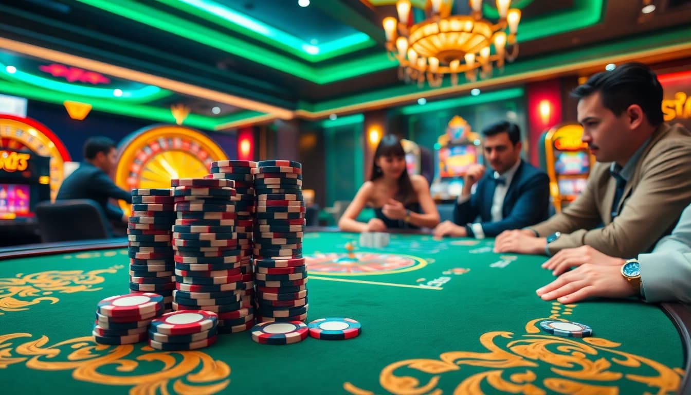 Experience the excitement of high-stakes gambling with cucu777's luxury gaming table and vibrant slot machines.