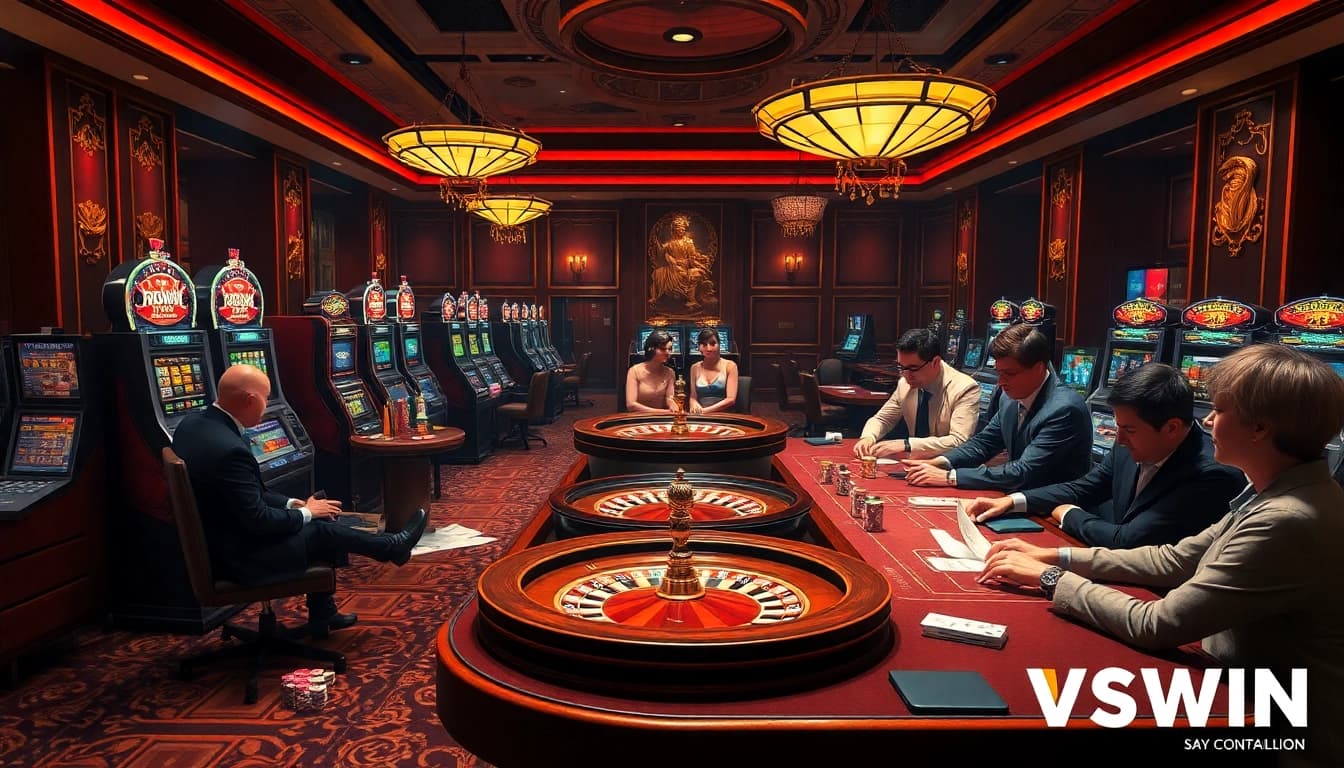 Experience the thrill at VSWIN's upscale casino with vibrant slot machines and engaged players.