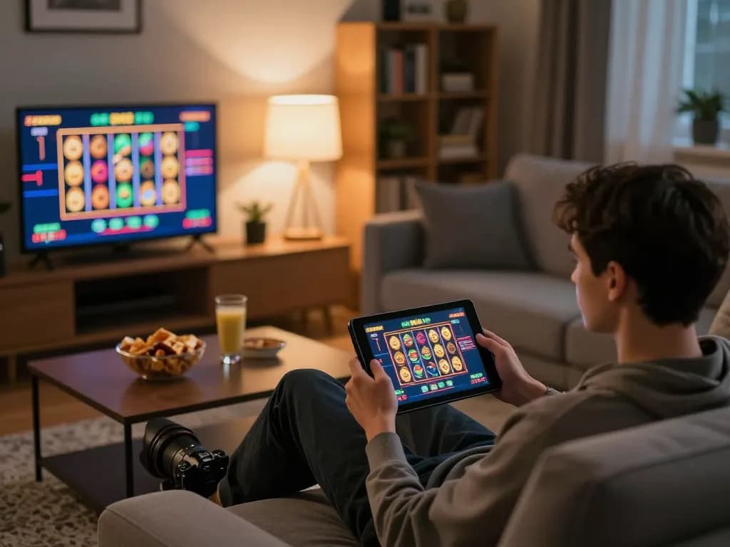 Person enjoying online gaming experience with F168 on tablet in a cozy home setting