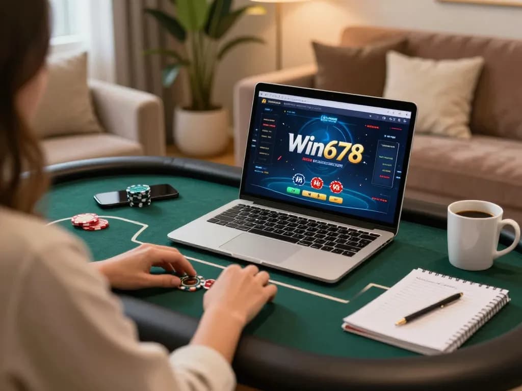 Win678 player strategizing at a modern online casino table, highlighting exciting gameplay.
