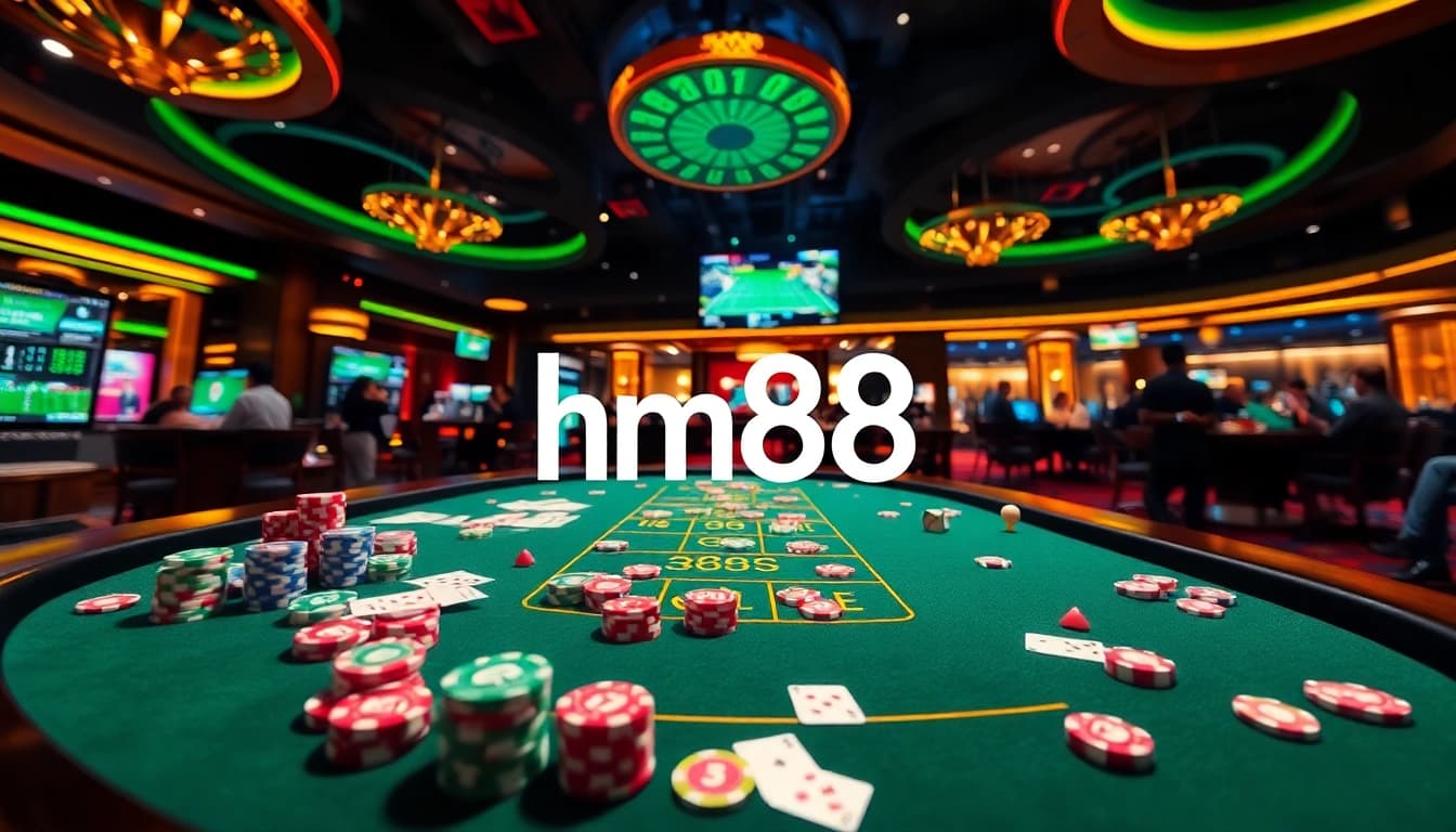 Engage in the thrilling world of gambling at hm88 with a vibrant casino scene featuring betting tables and colorful poker chips.