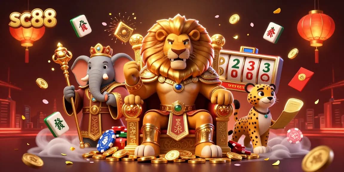 Experience the excitement of sc88 with a vibrant 3D casino scene featuring a royal lion king and dynamic game elements.