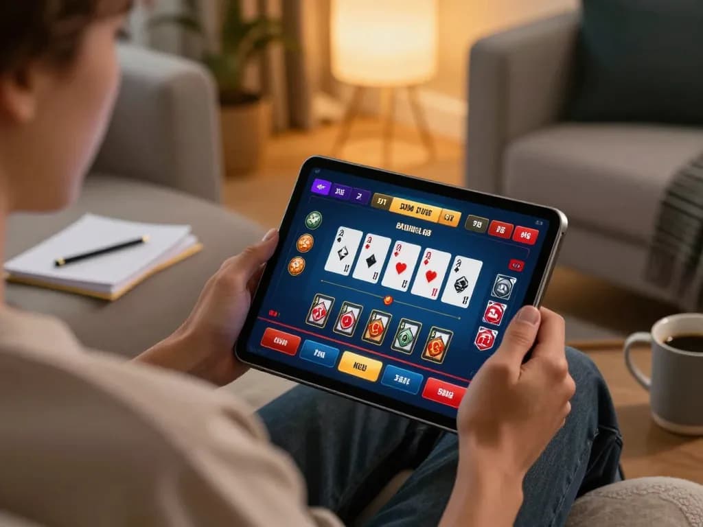 Engaging moment of a player immersed in f168 online casino games from the comfort of their home living room.