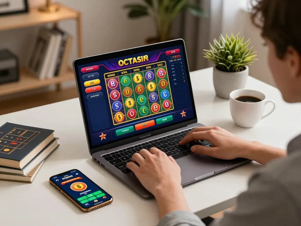 Engaging in octaslot gameplay on a laptop with colorful slots and betting options in a cozy home setting.