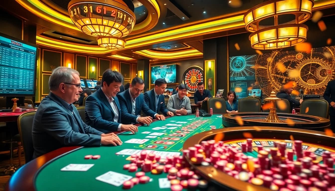 Betting participants analyze Togel HK results at a vibrant casino table with glowing markers.