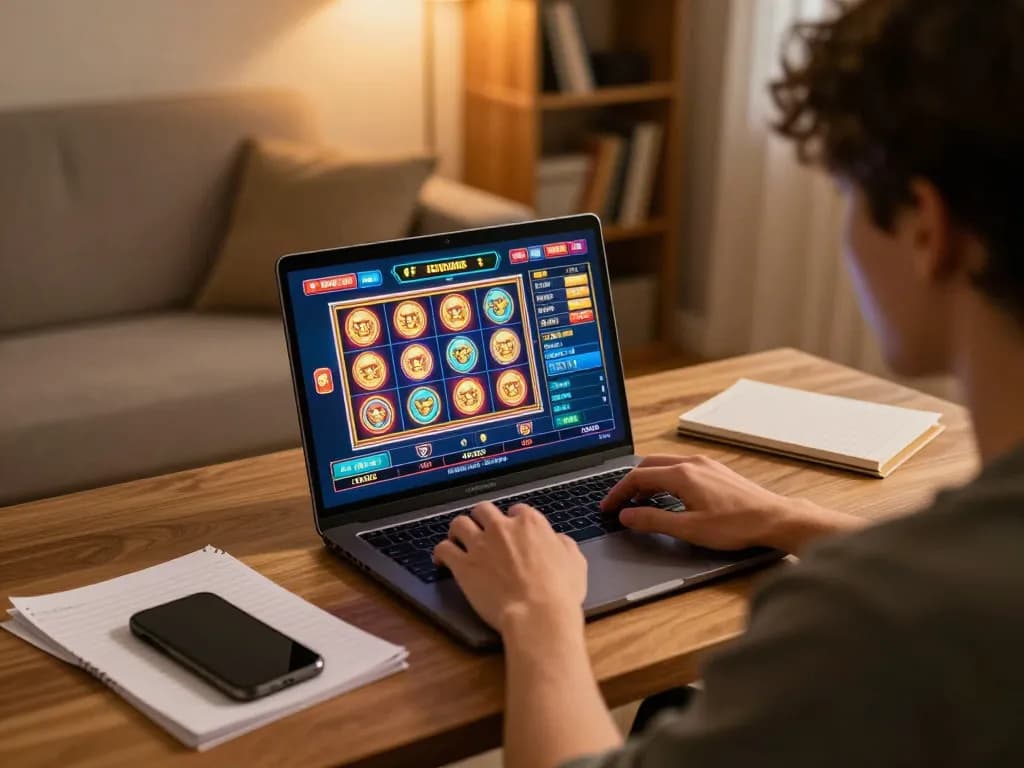 Player engaging with xo88 online casino games on a laptop in a cozy home setting, illustrating strategic gaming.