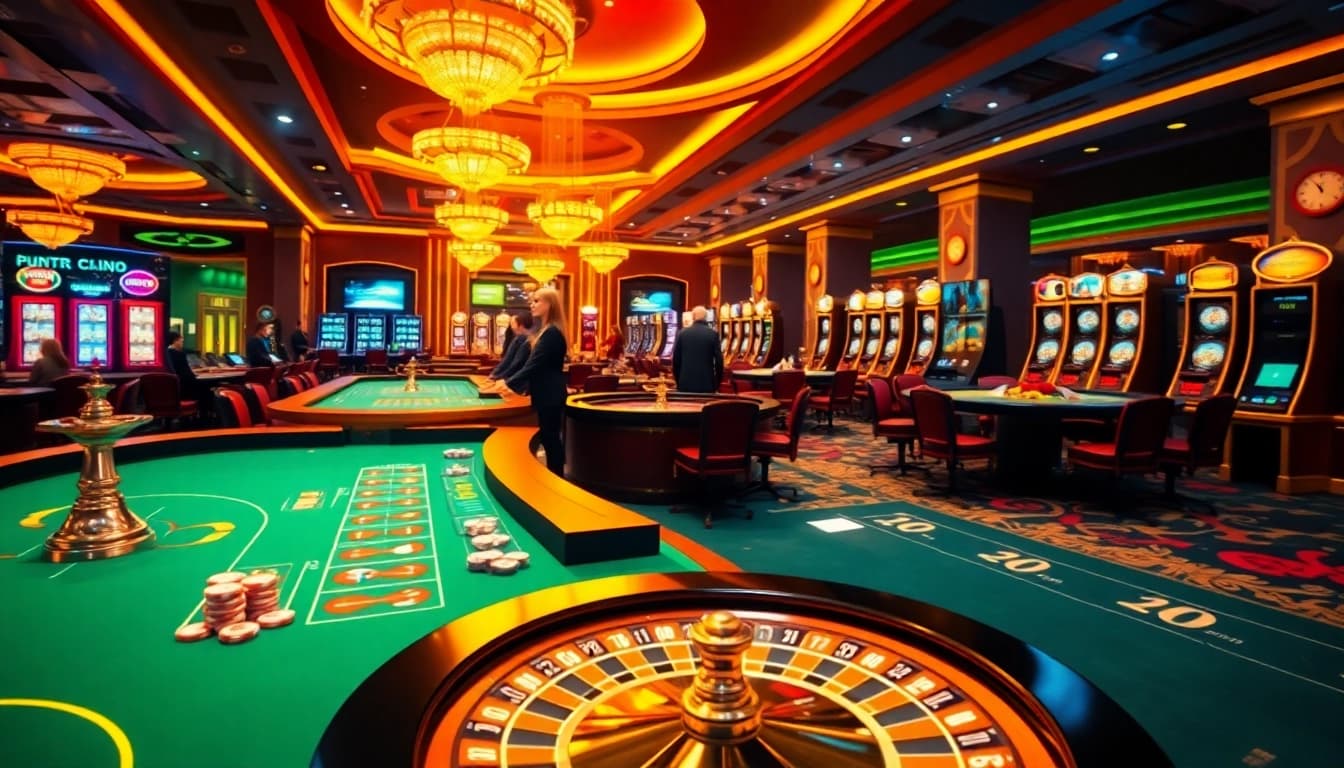 Lô Đề Trực Tuyến gaming scene with players engaged, poker chips, and lively casino atmosphere.