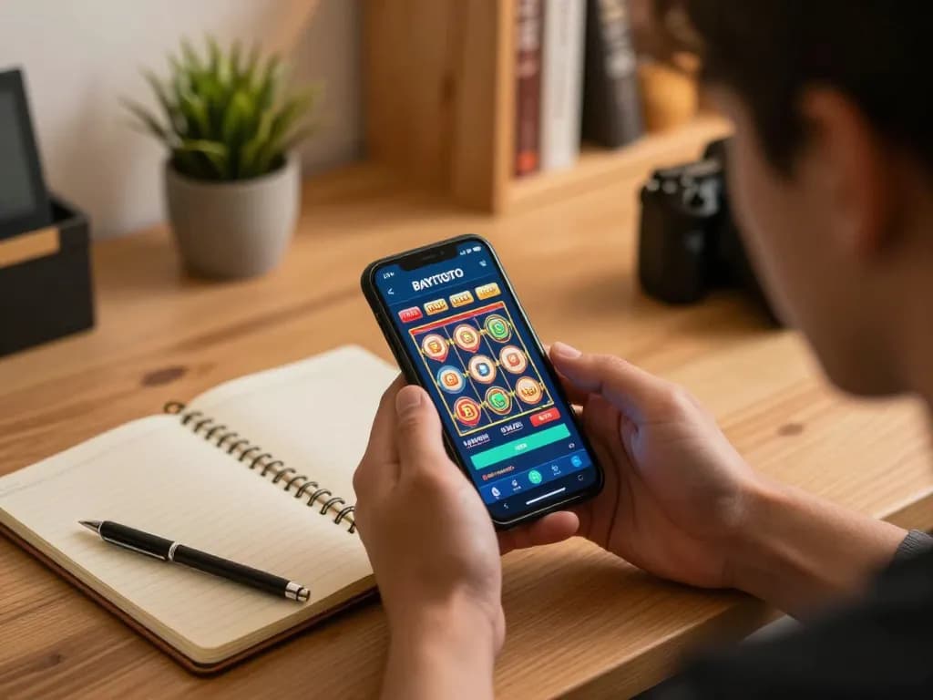 Aplikasi kasino BAYITOTO di smartphone menampilkan permainan slot, mempromosikan perjudian yang bertanggung jawab.
